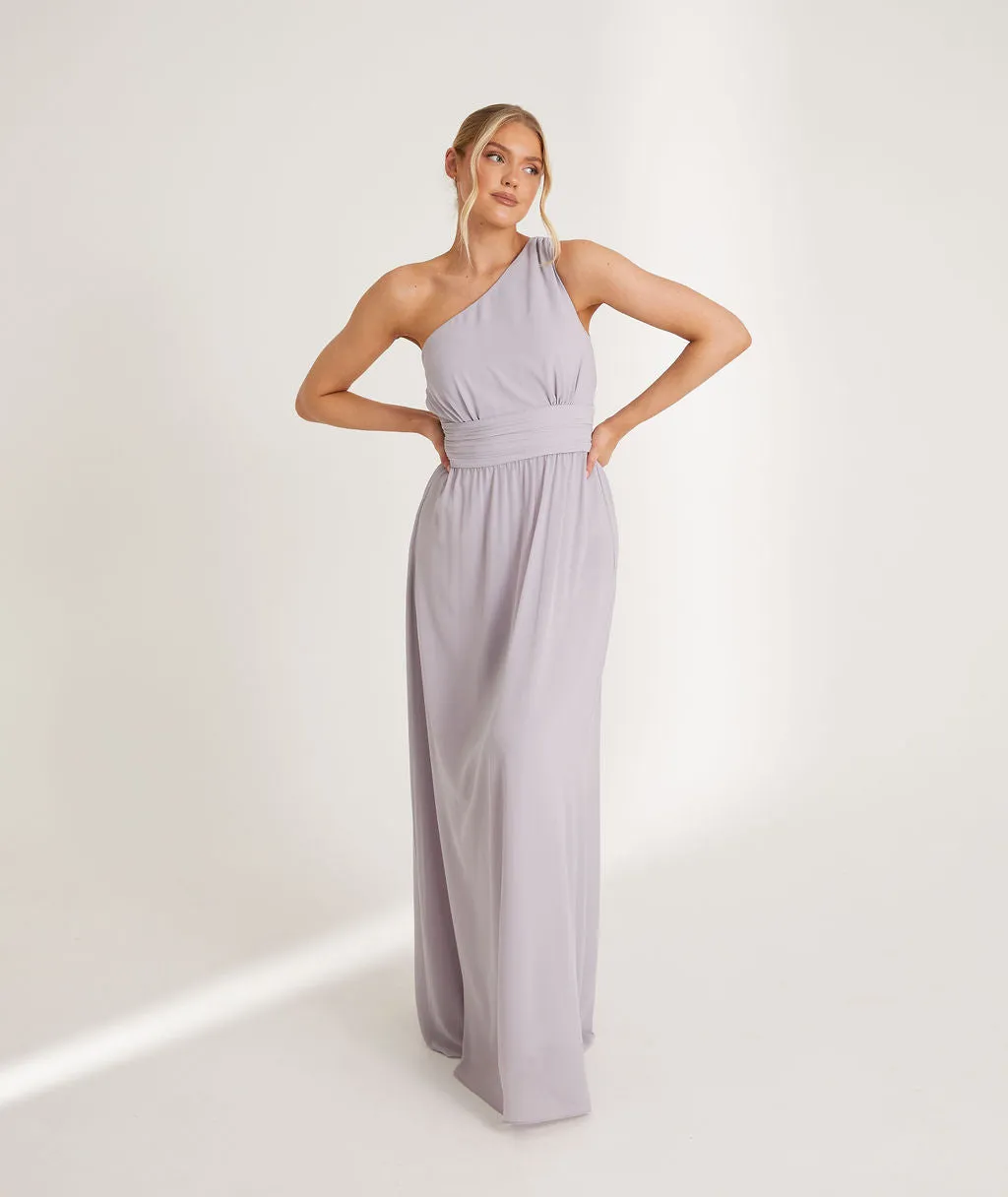 One Shoulder Pleated Waist Chiffon Bridesmaid Dress - Dusty Lilac