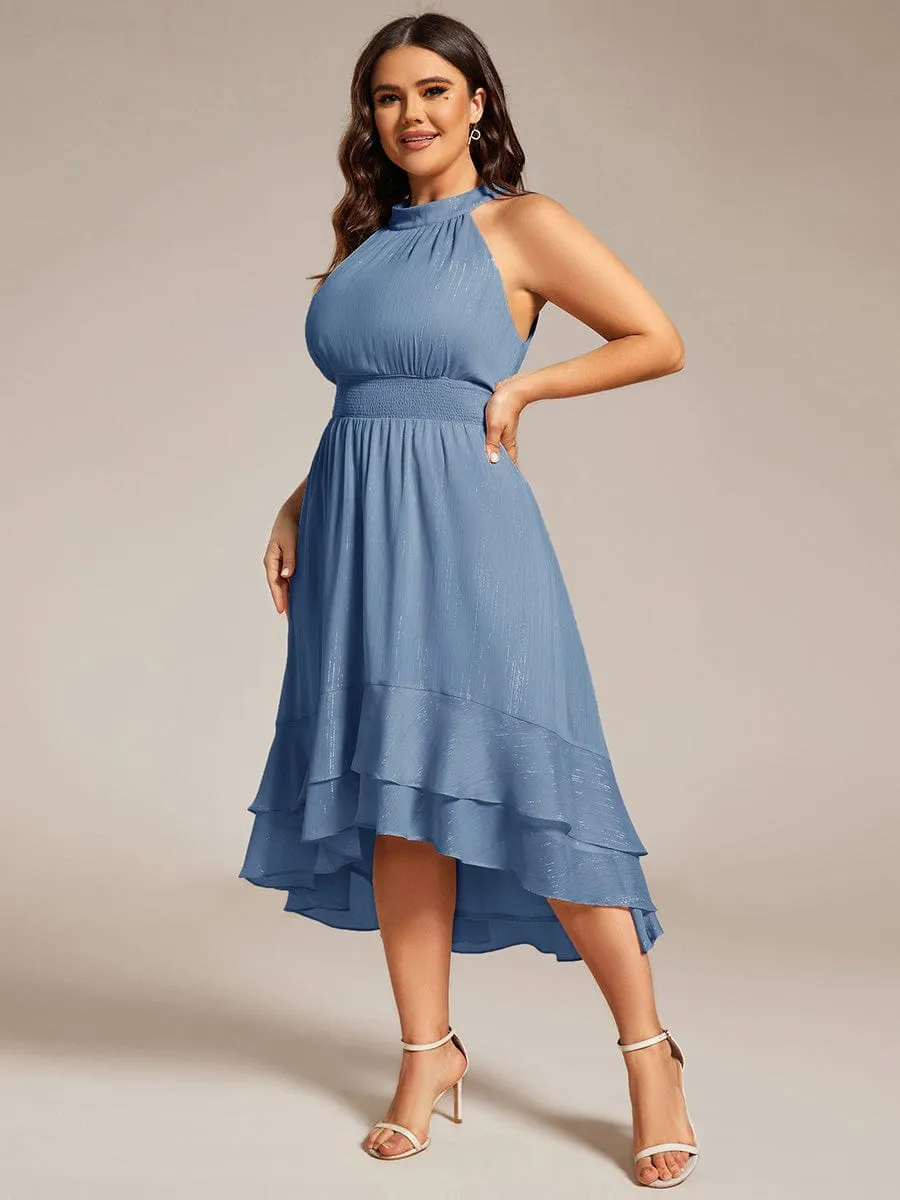 Plus Size Glittery Sleeveless Halter Neck Midi Wedding Guest Dress