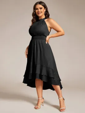 Plus Size Glittery Sleeveless Halter Neck Midi Wedding Guest Dress