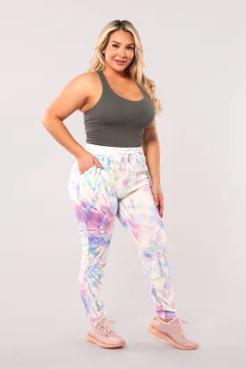 Plus Size Soft Brushed Joggers With Shoe Lace Tie - White, Pink, Blue Tie Dye