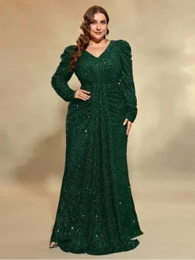 Long-Sleeve Plus Size V-Neck Sequined Evening Dress for Women