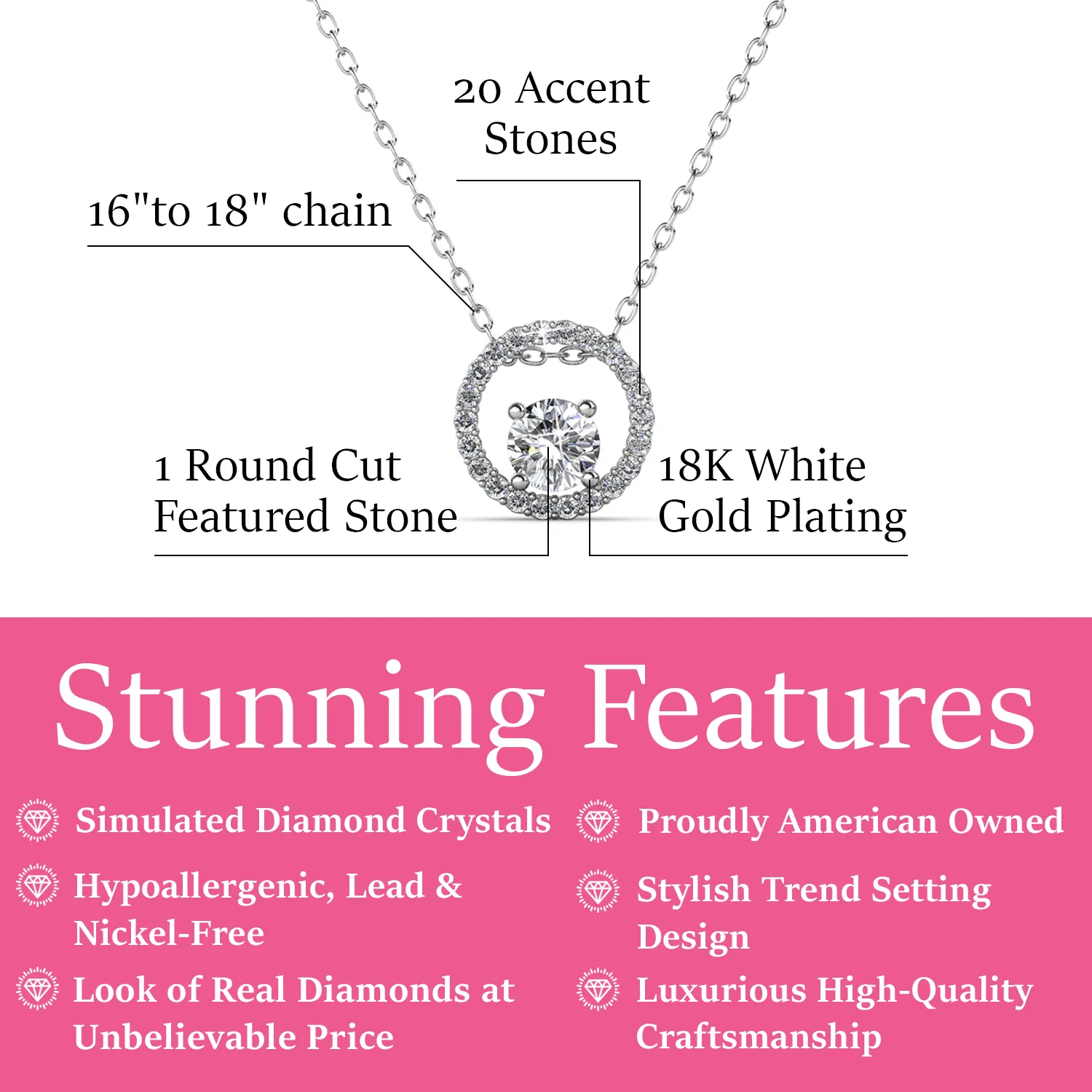 Reign 18k White Gold Plated Halo Crystal Necklace