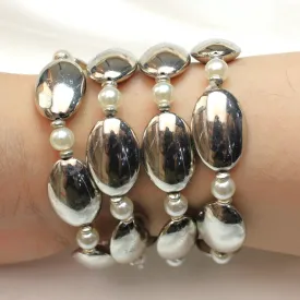 TFC Long Bold Beads With Pearls Silver Plated Stacked Bracelet (Set of 4)