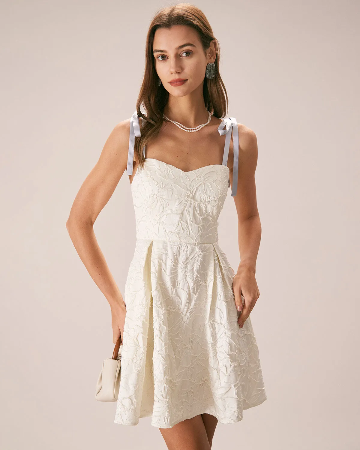 The Off White Jacquard Tie Strap Mini Dress