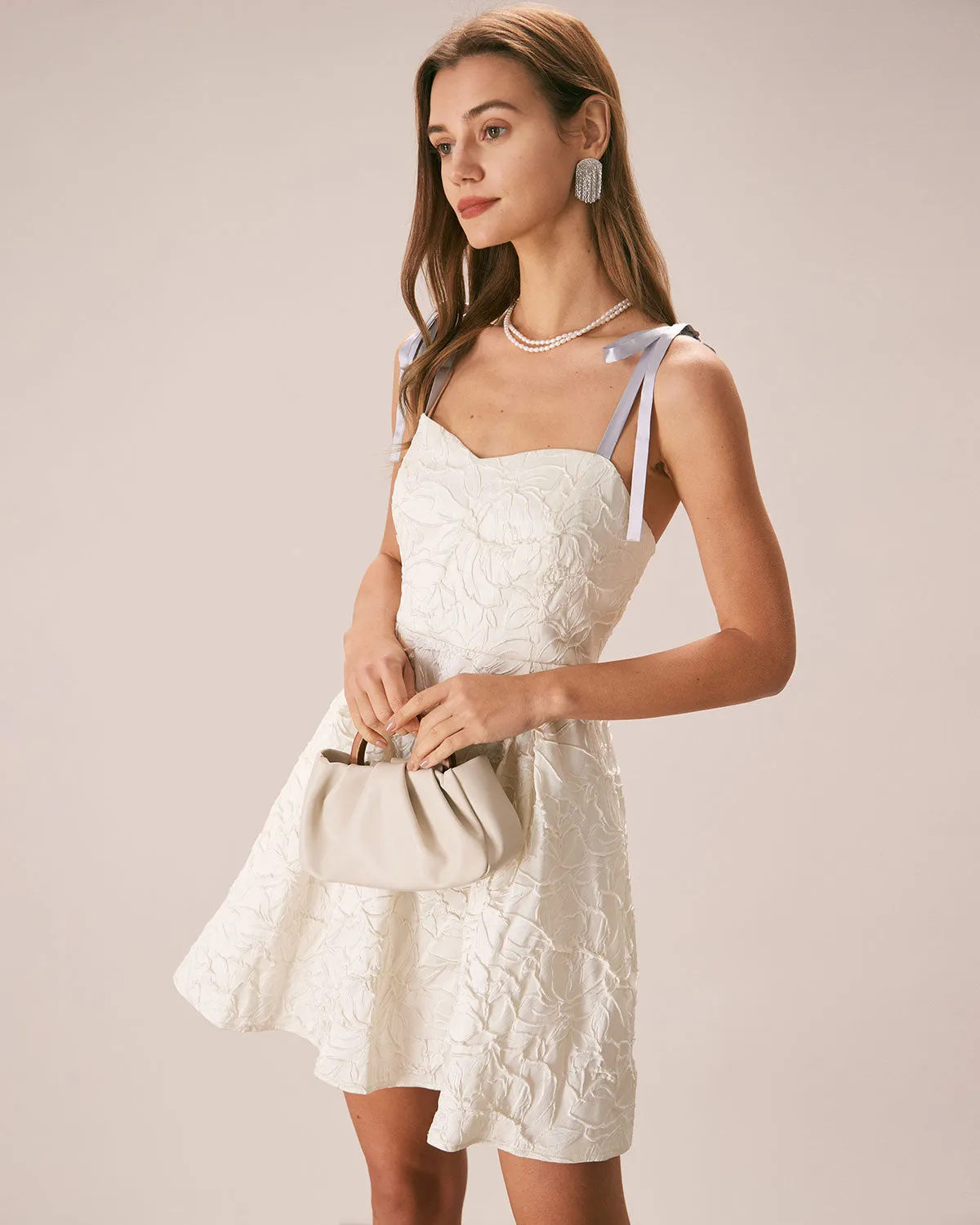 The Off White Jacquard Tie Strap Mini Dress