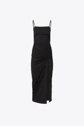 Thin Strapped Ruched Slit Dress - Black